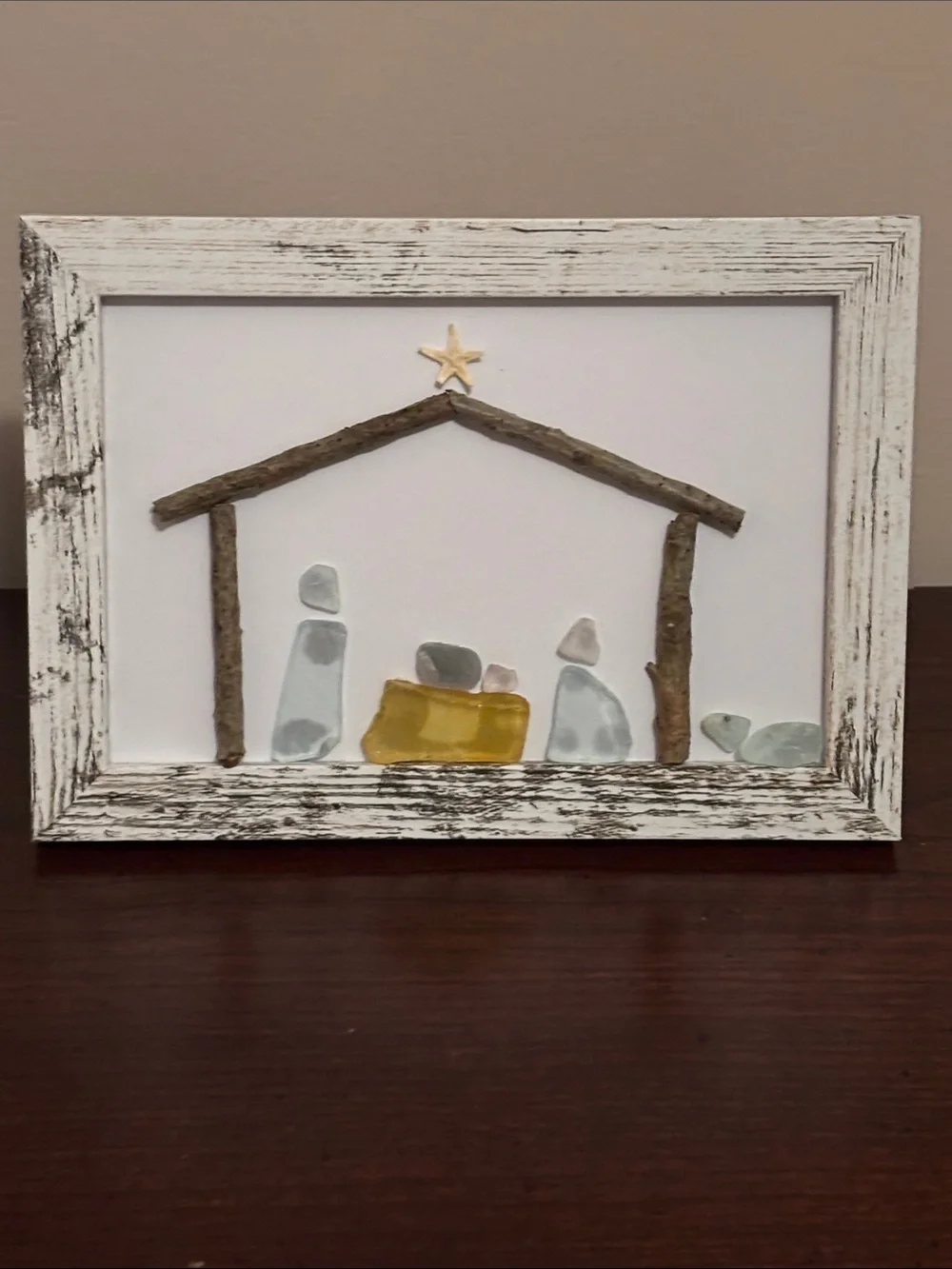 Handcrafted Sea Glass Nativity Scene Art – White Rustic Wood Frame